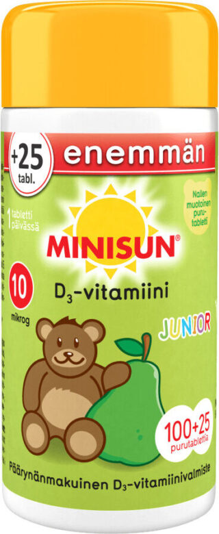 Minisun D-Vitamiini lapselle Päärynä Nalle Junior 10 mcg 100+25 tabl