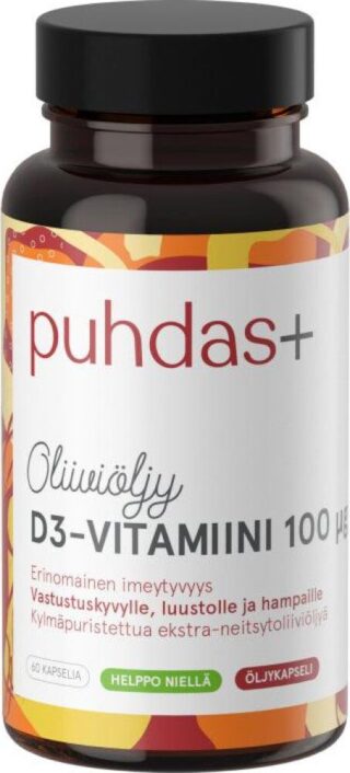 Puhdas+ D3-Vitamiini Oliiviöljyssä 100 ug 60 kaps